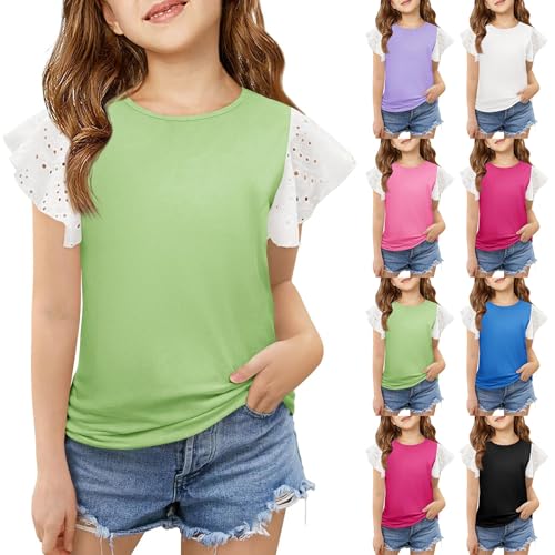 Girls Eyelet Lace Ruffled Sleeve T-Shirt Color Block Tunic Blouse Crewneck Tops for Tween Girls Cute Tees Summer T-Shirt