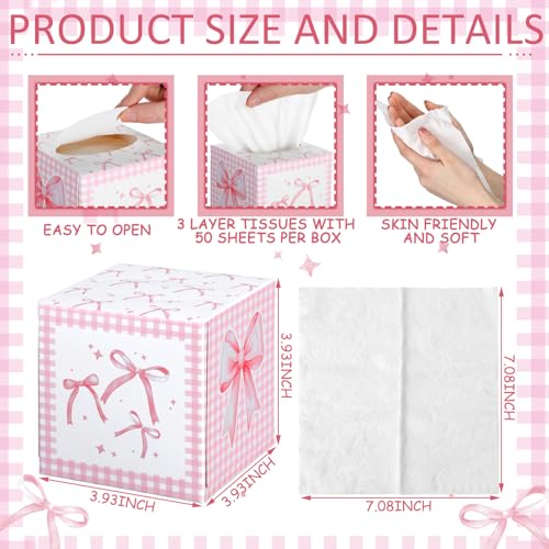 Image of Fourluoo 12 Pack Pink Bow Facial Tissue Cube Boxes 600 Sheets 3 Ply | Square Bow Coquette Party Style, Small Square Face Tissues Bulk for Birthday Bridal Bachelorette, Gingham Checkered Decor