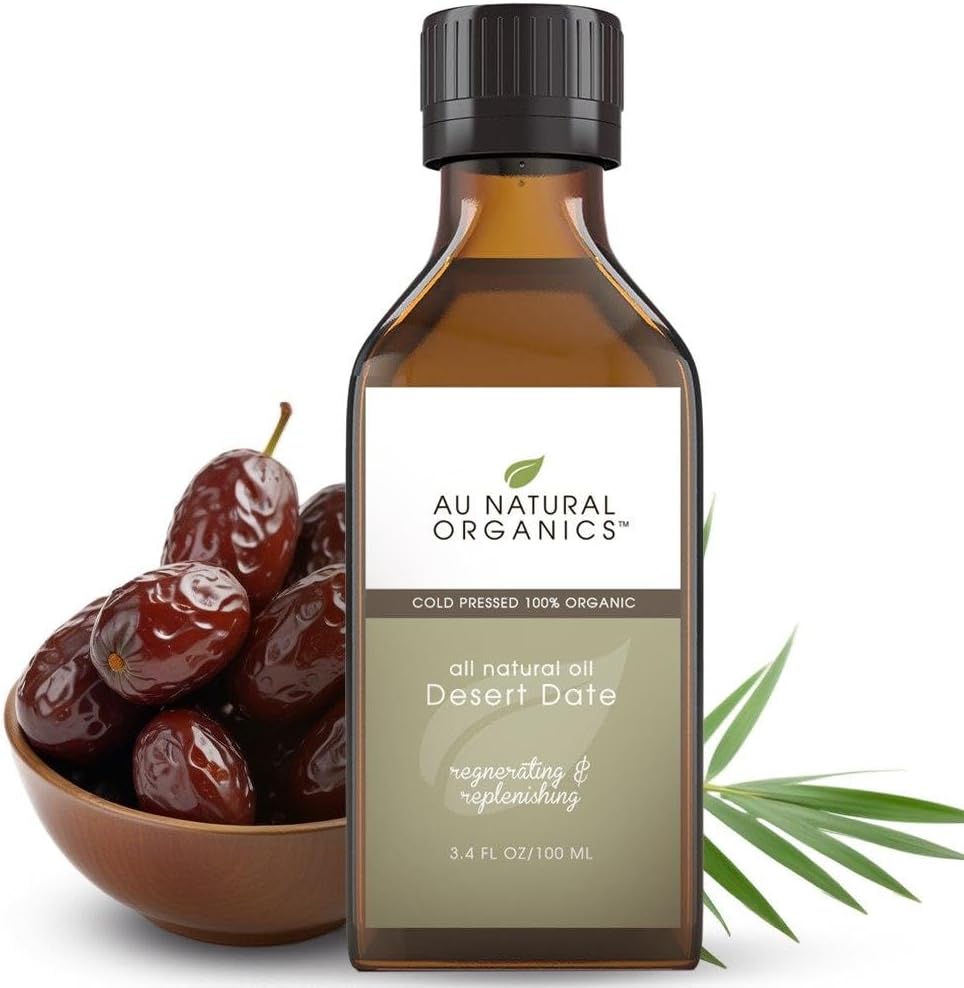 Au Natural Organics Desert Date Oil – Cold Pressed Extra Virgin | Anti-Wrinkle, Anti-Aging | 100% Pure & Natural Organic | Strengthens Hairs| Restore Elasticity | Unrefined - 3.4 Oz 100 Ml