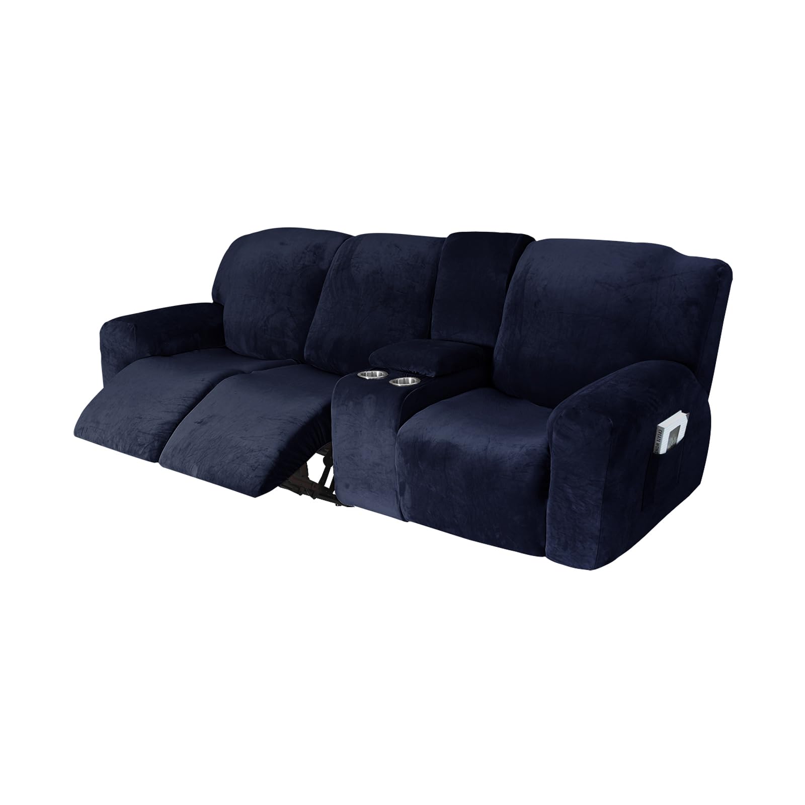 Stretch Velvet Recliner Loveseat Cover Set with Center Console 8 Pieces Navy Blue Sofa Cover with Storage Pocket Fits 2 Seat Loveseat and 3 Seat Recliner Protect and Beautify Your Furniture