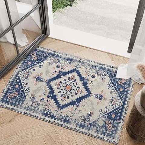 Area Rug 2x3 Entryway Rugs Vintage Blue Boho Modern Aesthetic Small Carpet Non Slip Washable Indoor Door Mat Entrance Throw Rug for Home Kitchen Bathroom Bedroom Cover