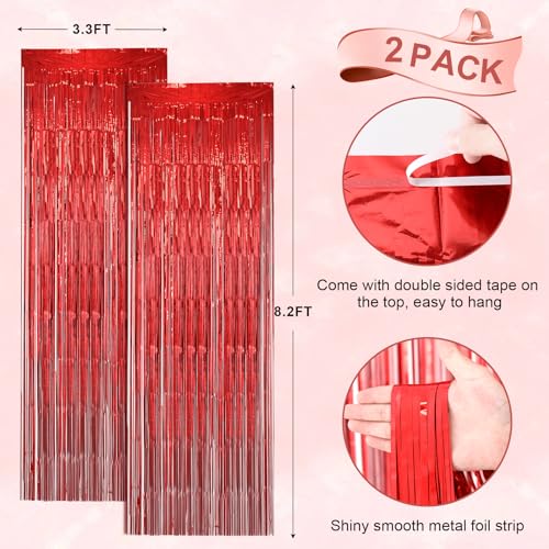 Image of Voircoloria 2 Pack Laser Red Foil Fringe Backdrop Curtains, Tinsel Streamers Birthday Party Decorations, Fringe Backdrop for Valentines Day, Wedding Photobackdrop, Anniversaries Party Decorations