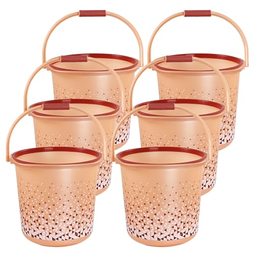 Image of Kuber Industries Pack of 6 Water Bucket for Washing Clothes with Handle | 24 Litres Bathing Balti for Bathroom | Water Storage Container - Essential for Household Chores | Tined- Brown