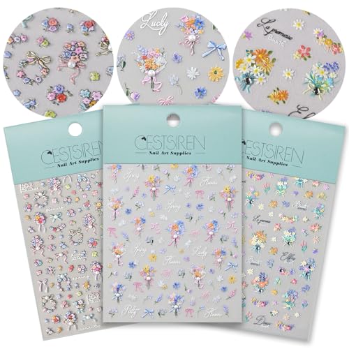 CESTSIREN Spring Bouquet Nail Art Stickers, Flower Floral Rhinestone Spring Summer Nail Decals Design, Self-Adhesive, Nail Accessories & Supplies 3 Sheets