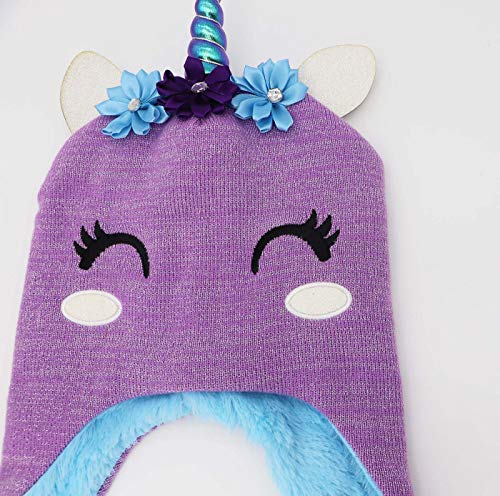 Kids Girls Winter Beanie Hat Smiling Unicorn Shining Glitter Knitted Earflap Fleece Lined Cap Toddler Little Girls3