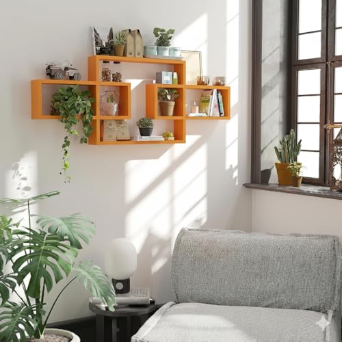 Image of Wooden Wall Shelves for Living Room, Bedroom Wall Mounted Rectangle Bookcase, Intersecting Wall Shelves for Storage Modern Decorative Display Shelves for Wall Decor (Orange)