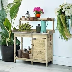Arnot Wooden Potting Bench Tables Fir Work Station Table Outdoor Garden Potting Table with Cabinet Hook Storage Bottom Shelffor Garden Supplies