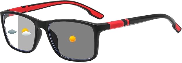 Suertree Self-tinting sunglasses, PC glasses with blue light filter, no prescription, lightweight rectangular frame, men and women, for gaming, office and leisure, grey tinted red