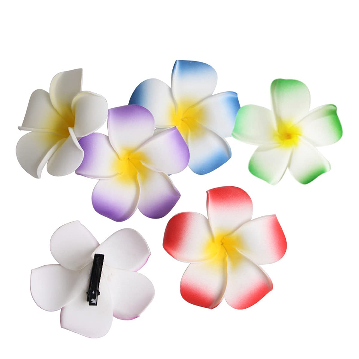 Snadulor 50 Pcs foam Hawaiian flower artificial frangipani hat hairpin for family wedding party beach vacation decoration(Mixed Color,2.4"inches)