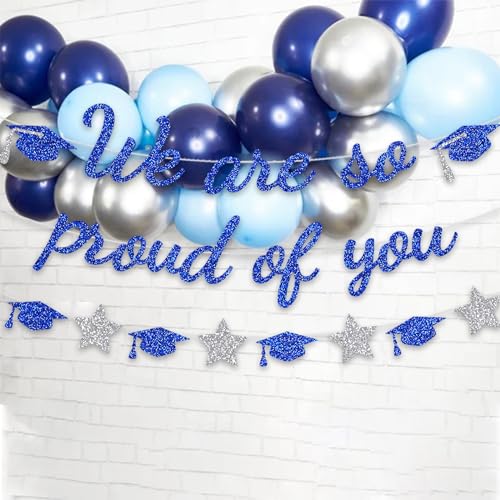 Image of We Are So Proud Of You Banner Graduation Party Decorations Glitter Congratulations Class Grad Ideas Blue Silver