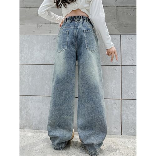 Baggy Straight Jeans for Teen Girls Wide Leg Elastic High Waist Washed Denim Pants Cute Comfy Trousers for Kids Girls3