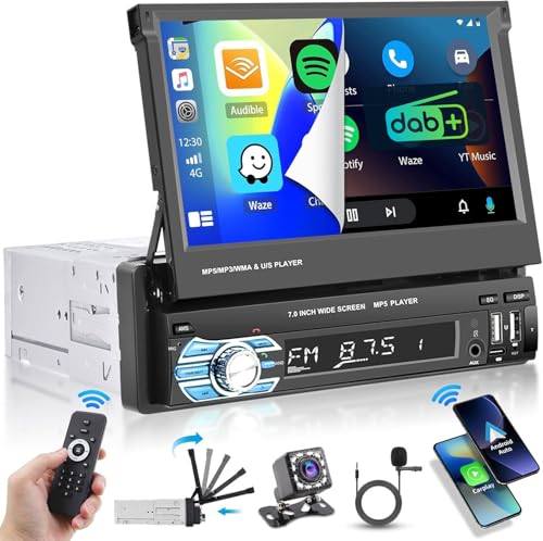 DAB/DAB+ Single Din Car Stereo Wireless Carplay Android Auto 7 Inch Foldable Touchscreen Bluetooth Car Radio with Rear Camera FM SWC USB AUX TF Mirror Link