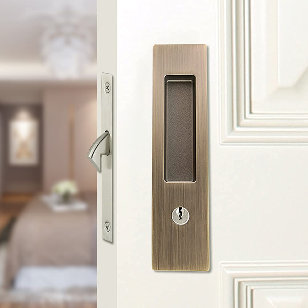 HACCER Cerradura invisible de puerta de bolsillo con llave de 6.3 pulgadas Cerradura de puerta de granero con llaves para corredera Puerta de madera de bronce