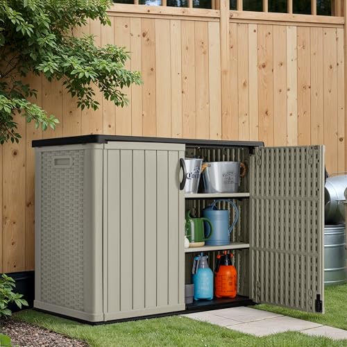 Image of Greesum 2 Shelves of Outdoor Horizontal 26FT Storage Shed, for Waterproof and UV Protection 150 Gallon Deck Box (Without Shed), Beige