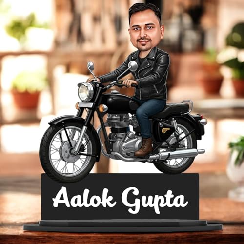 Image of Taxton Custom Bike Rider Caricature Personalized Wooden Bike Photo Frame for Men | 7.5 Inch Durable Double Wood Print with Acrylic Name Plate (Black)