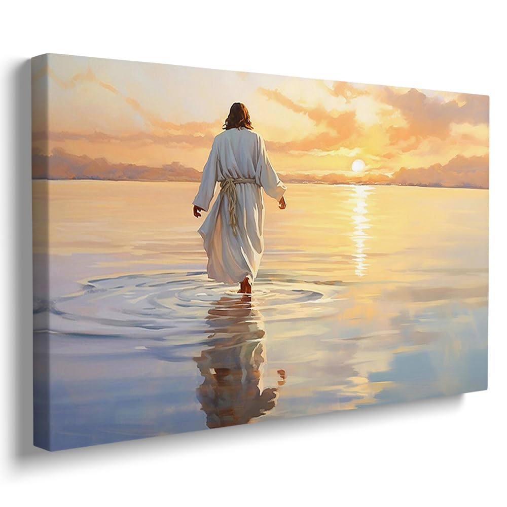 Reateforin Jesus Wall Art Jesus Walking in the Water Canvas Christian Religious Decor Jesus Canvas Wall Decoration Bible Picture Jesus Poster Faith Painting for Bedroom Church Ready to Hang 16"x24" โ image 1