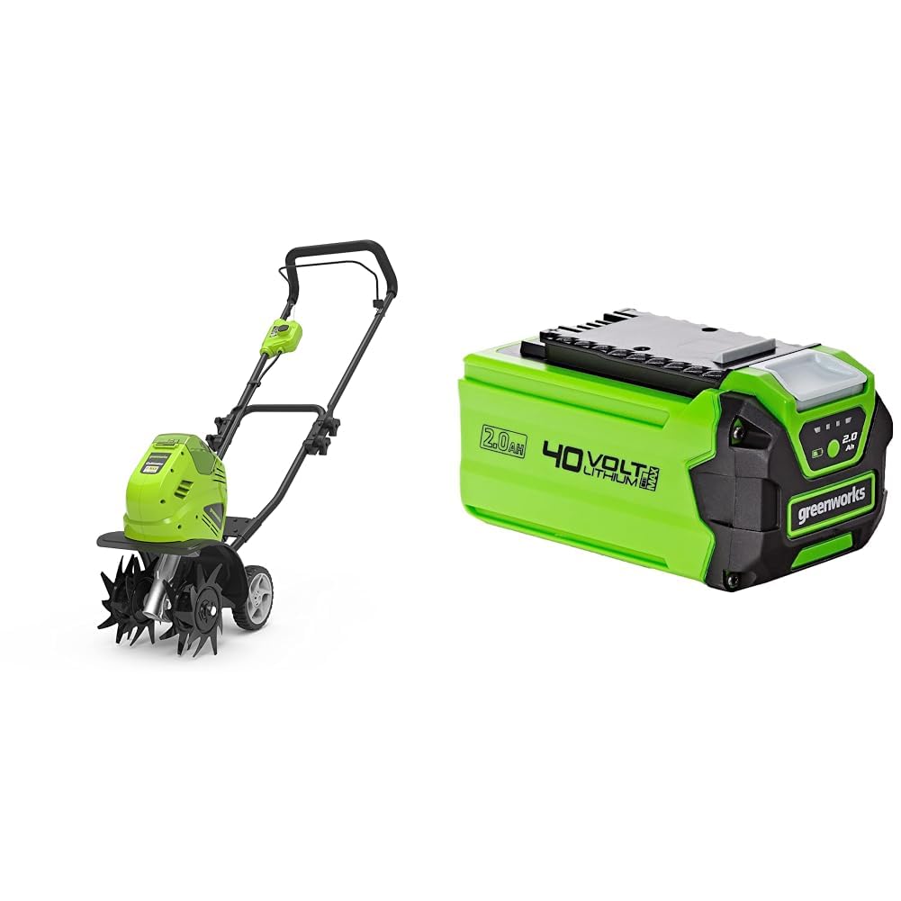Greenworks Motozappa a batteria G40TL, Li-Ion 40V con 4 lame appositamente temprate profondità di lavoro 20 cm larghezza & Greenworks Batteria G40B2 sistema di ricarica rapida Li-Ion 40V 2Ah