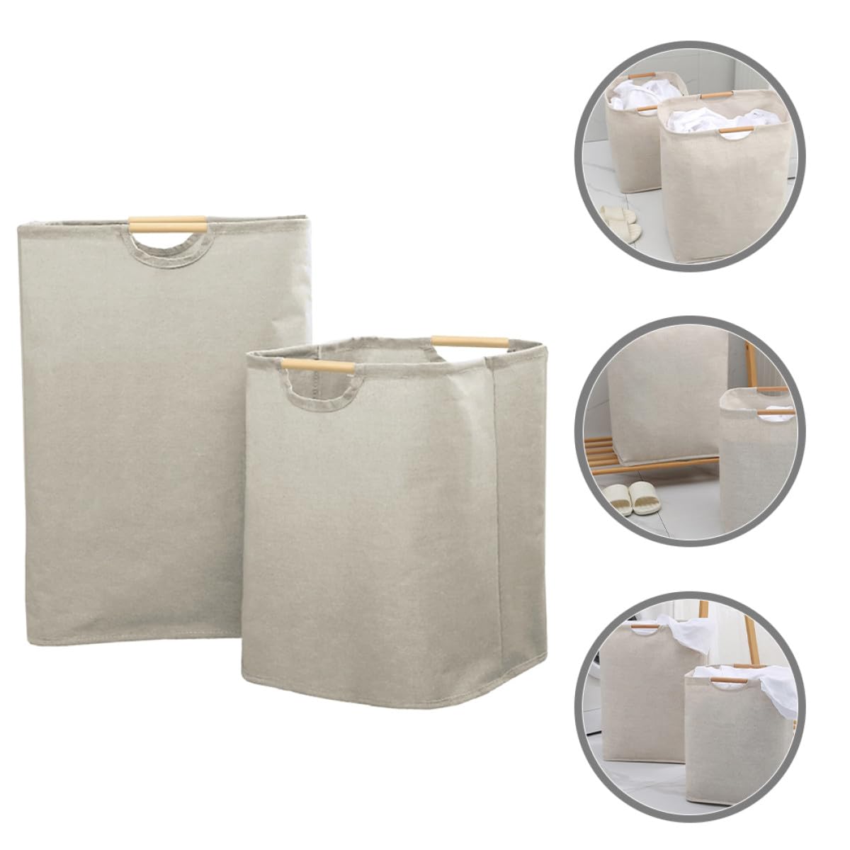 Faltbarer Wäschekorb mit Holzgriff 2 Stück in Beige, 60l 36l