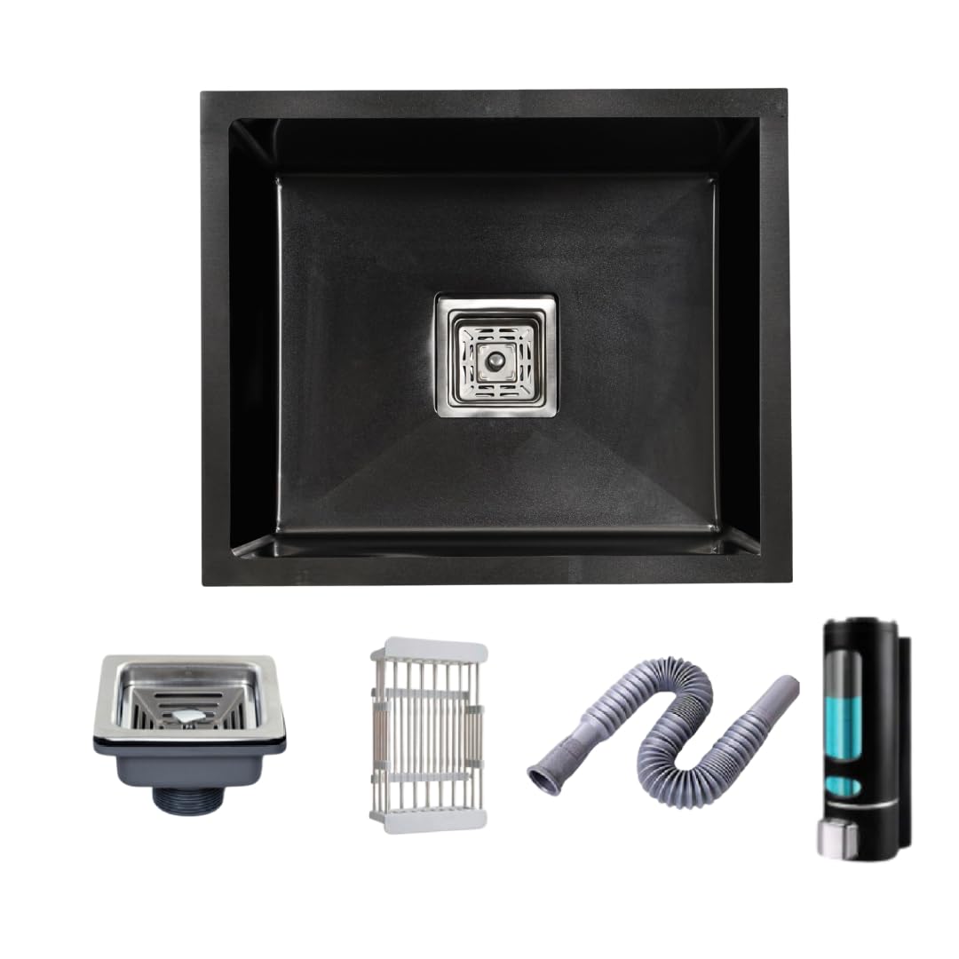 Bowls & More | Single Bowl | 22"x18"x10" | Stainless Steel Sink With Vegetable Wash Basket And Soap Dispenser | 304-Grade| Heavyduty Single Bowl Kitchen Sink | Matt Finish (Black) (B0DB87BDLD) Amazon Price History, Amazon Price Tracker