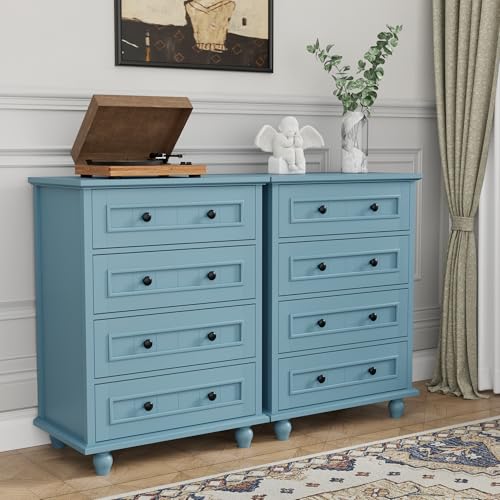 Image of 4 Drawer Dresser for Bedroom, 35'' Tall Storage Chest of Drawers, Blue