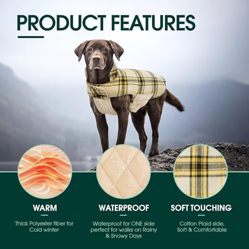 Image of Kuoser Waterproof Dog Coat, Warm Reversible Dog Jacket with Leash Hole | Soft Cozy Dog Cold Weather Coats for Rainy Snow Days, Lightweight Jacket for Large Dogs, Xmas Dogs Snowsuit Yellow 3XL