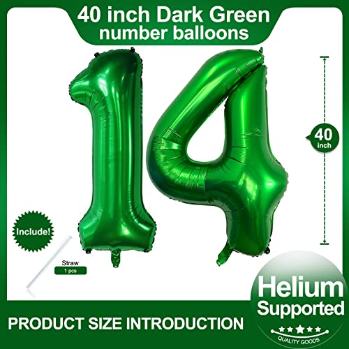 Image of Number 14 Dark Green Balloons 40 Inch Giant Green 14 Numer Foil Helium Balloons for 14th Green Birthday Party Supplies 41st Anniversary Events Decorations