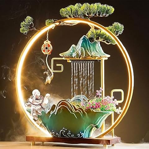 Okasion Buddha Statue Tabletop Fountain Indoor Waterfall Fountain with Lights Indoor Water Fountain with Pump Fogger Waterfall Incense Burner Fake Plants Zen Decor for Home Office Bedroom Living Room Cover