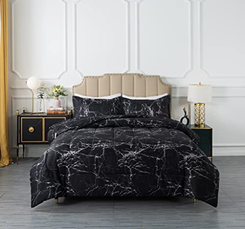 Image of Caressma Twin Size Black Marble Comforter Set, Lightweight Soft 100% Microfiber Bedding Comforter Sets, Fluffy Comforter with Pillowcase 2 Pieces
