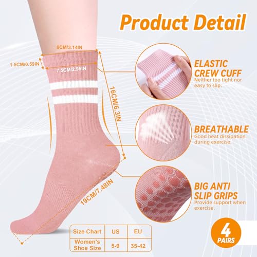 Image of Jspupifip 4 Pairs Pilates Grippy Socks for Women, Long Non Slip Yoga Socks with Grips Crew Socks for Pilates Barre Hospital