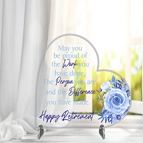 Pixie's Gifts Heart-shaped Acrylic Plaque Retirement Gifts for Women Retirement Gifts Happy Retirement Gifts for Teacher or Friend Work Colleague (Medium Blue Rose