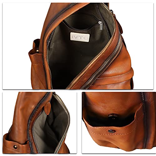 Ivtg Genuine Leather Sling Bag Casual Shoulder Hiking Backpack Vintage Handmade Crossbody Bag Retro Chest Daypack Convertible Backpack (Brown) #TOP6