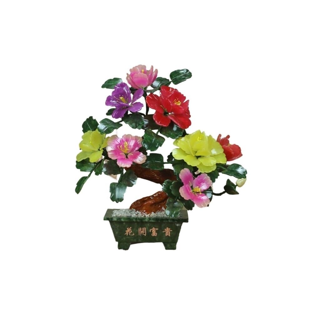 CHENGAIJIAN Artificial Bonsai Tree, Jade Peony Bonsai Ornament, Handmade Carved Potted Plant, TV Cabinet Decoration(Yellow)