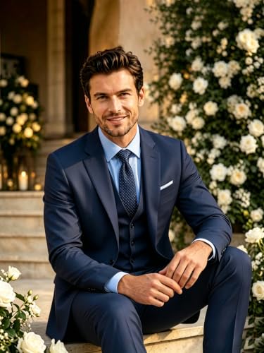 Image of Wangyue Mens Suit 3 Piece Slim Fit Suit for Men Formal Business Suit Wedding Groom Prom Tuxedo Dinner Party