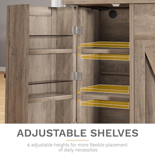 DWVO 71''H Kitchen Pantry Cabinet with Drawer, Doors, Goblet Holder, Wine Rack for Storage, Pantry Cabinet with Power Outlet for Kitchen & Living Room (Grey Oak)