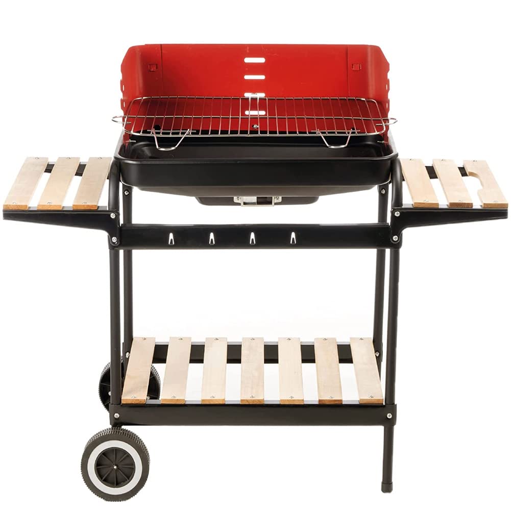 BAKAJI Barbecue Trolley a Carbonella in Metallo e Legno, BBQ Braciere Portatile con 3 Ripiani d'Appoggio e 2 Ruote, Grill da Giardino Ideale per Campeggio, Balcone, Esterni, Graticola in Acciaio