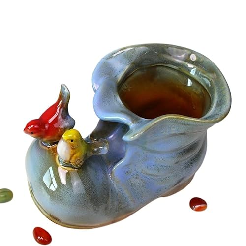 Huolimxun Vintage Boot-Shaped Ceramic Planter With Bird Figurine - Rustic Succulent Flower Pot, Cute Desktop Pen Holder For Home Garden Decor(Blue bird)