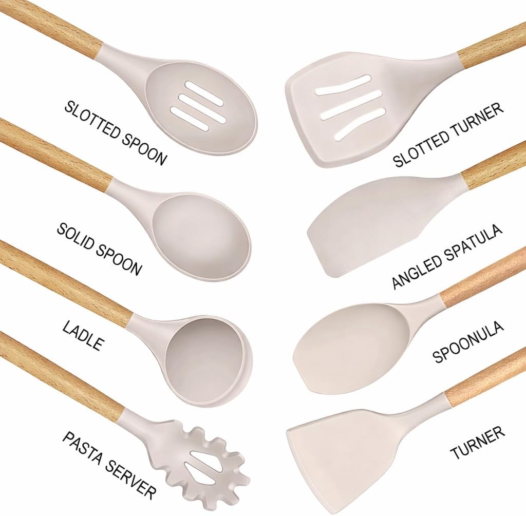 Silicone Cooking Utensils Set with Holder, 12-Piece Kitchen Utensils Set, Heat Resistant BPA-Free Silicone with Wooden Handles for Nonstick Cookware, Dishwaer safe.