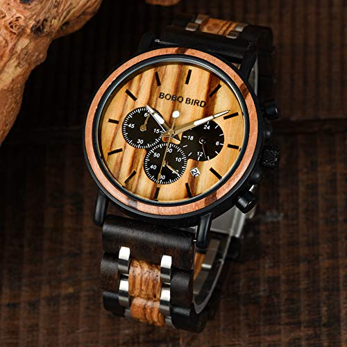 BOBO Bird Mens Wooden Watches Business Casual Wristwatches Stylish Ebony Wood & Stainless Steel Combined Chronograph