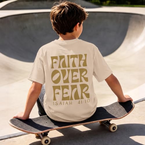 Image of Boys Faith Over Fear Shirt Christian Jesus T Shirts for Kids Religious Inspirational Bible Verse Graphic Tees Tops