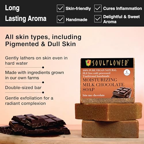Image of Soulflower Milk Chocolate Soap for Moisturizing Skin, Sunburn, Dark Spots, Blemishes, Handmade, Natural, Cold processed, Cocoa Powder, Cocoa Butter, Vitamin E | 150g
