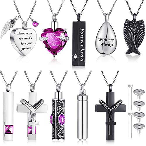 10 Pcs Urn Necklace for Ashes Cremation Jewelry Wings Tear Drop Cross Crystal Ashes Necklace Stainless Steel Zircon Memorial Locket Vertical Bar Heart Waterproof Ashes Keepsake for Men (Purple)
