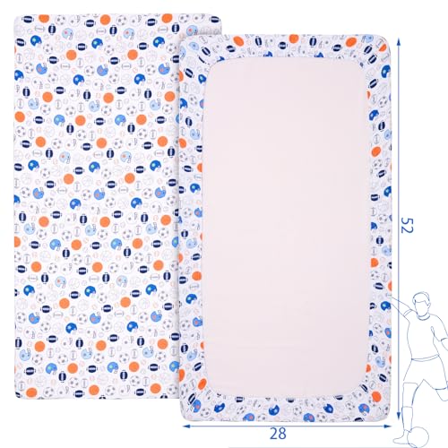 Image of Crib Sheet - 1 Pack Sports Theme Nursery Bedding Sheet - Footballs Printed Standard Size Infant Bed Sheet Basketball Baby Boy Bed Linens for Crib by UOMNY