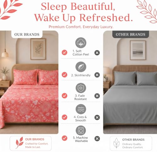 Image of HOMEKART Glace Cotton 160 TC Leaf Printed Double Bedsheet with 2 King Size Pillow Covers | Soft & Durable | 86 x 88Inches (Red)