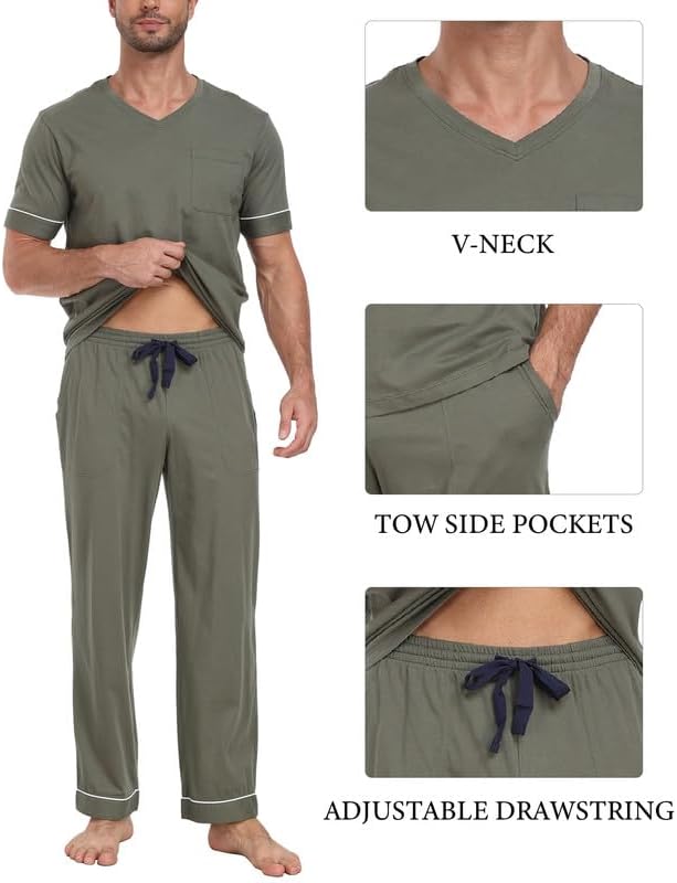 CF Mens Pajamas Set Cotton Sleepwear Soft Short Sleeve Pjs Comfy 2 Piece Nightwear V-Neck Long Pants Loungewear with Pockets - Image 5