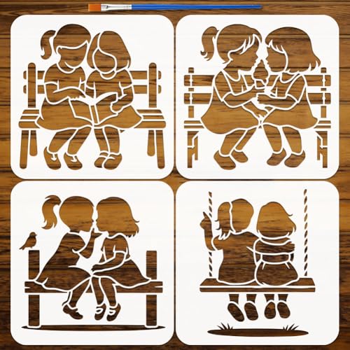 FINGERINSPIRE 4PCS Friends Stencils 7.9x7.9inch with a Brush Sisterly Friendship Painting Stencils...