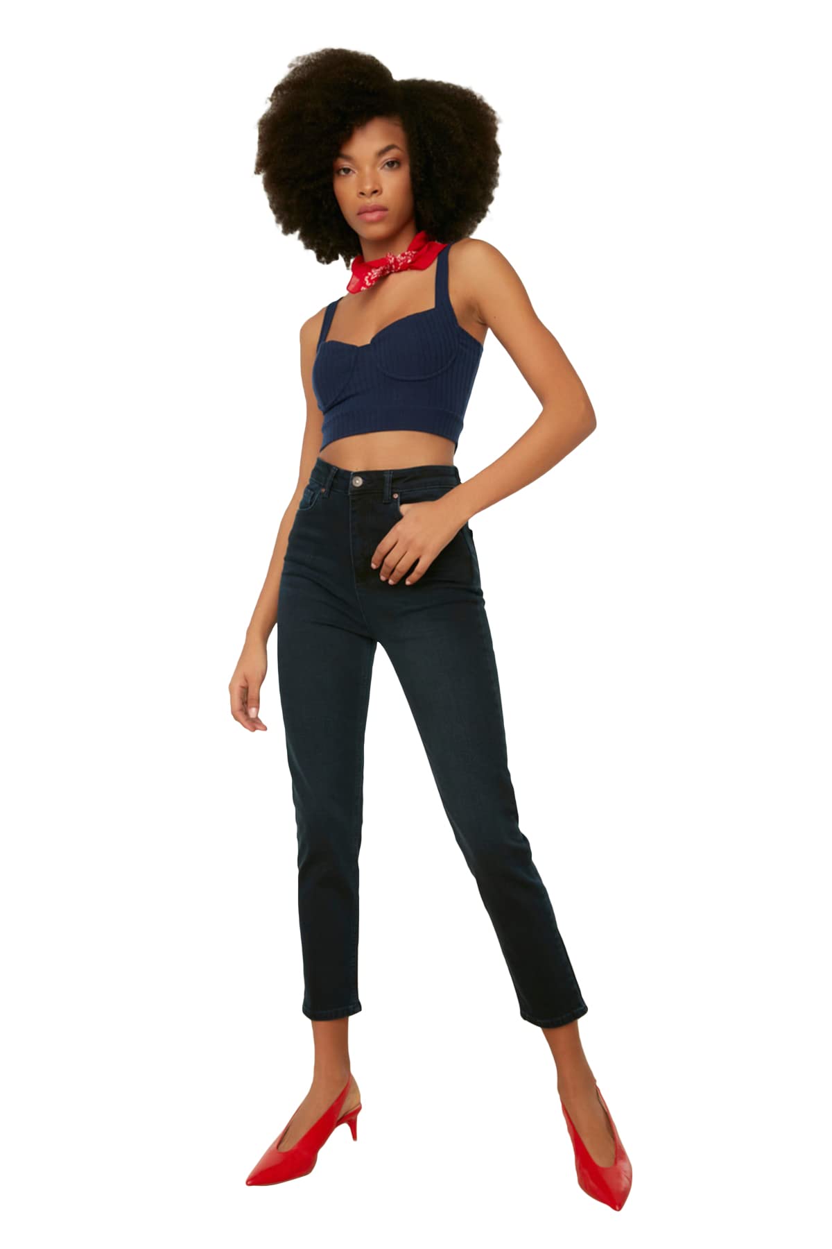 Trendyol Women's Night Blue high Waist mom Jeans Jeans, Night Blue, 34