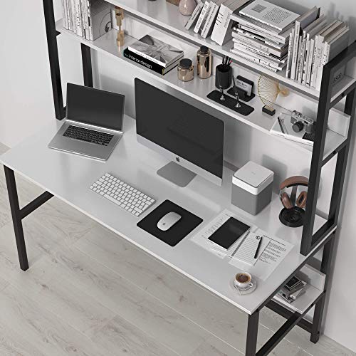 Computer Desk with Hutch, White Space Saving Desk with 3 Tier Bookshelves, (65 inch Height) Home Office Metal Black Legs Table with Upper Storage Shelves for Study Writing/Workstation, Easy Assemble