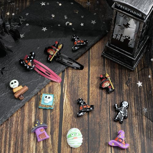 SUNNYCLUE 54Pcs 9 Styles Halloween Resin Charm Skeleton Cabochon Bulk Assorted Flatback Holiday Ghost Mummy Skeleton Skull Witch Hat Spooky Cabochons for DIY Crafting Jewellery Making Embellishments - Image 4