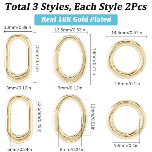 SUNNYCLUE 1 Box 6Pcs Real 18K Gold Plated Round Oval Clasp Spring Gate Rings Carabiner Key Ring Spring Clasp Rings Brass Spring O Rings for Jewellery Making Clasps Keyrings Buckle Bags DIY Craft - Image 2