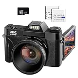 VETEK 4K Digital Camera, 48MP 16X Digital Zoom Flip Screen Autofocus Camcorder for Photography on YouTube, with Wide-Angle Lens and Macro Lens, 32G Micro Card, 2 Batteries (Black)
